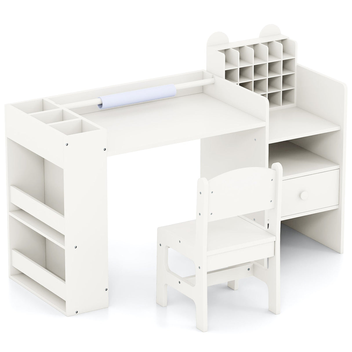 Mesa y sillas de arte para niños con soporte desmontable para rollo de papel y gabinete