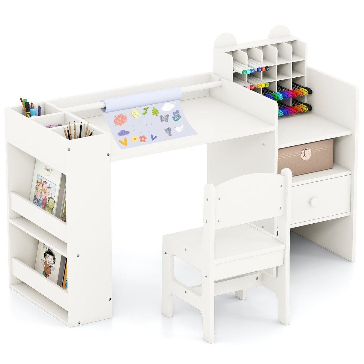 Mesa y sillas de arte para niños con soporte desmontable para rollo de papel y gabinete
