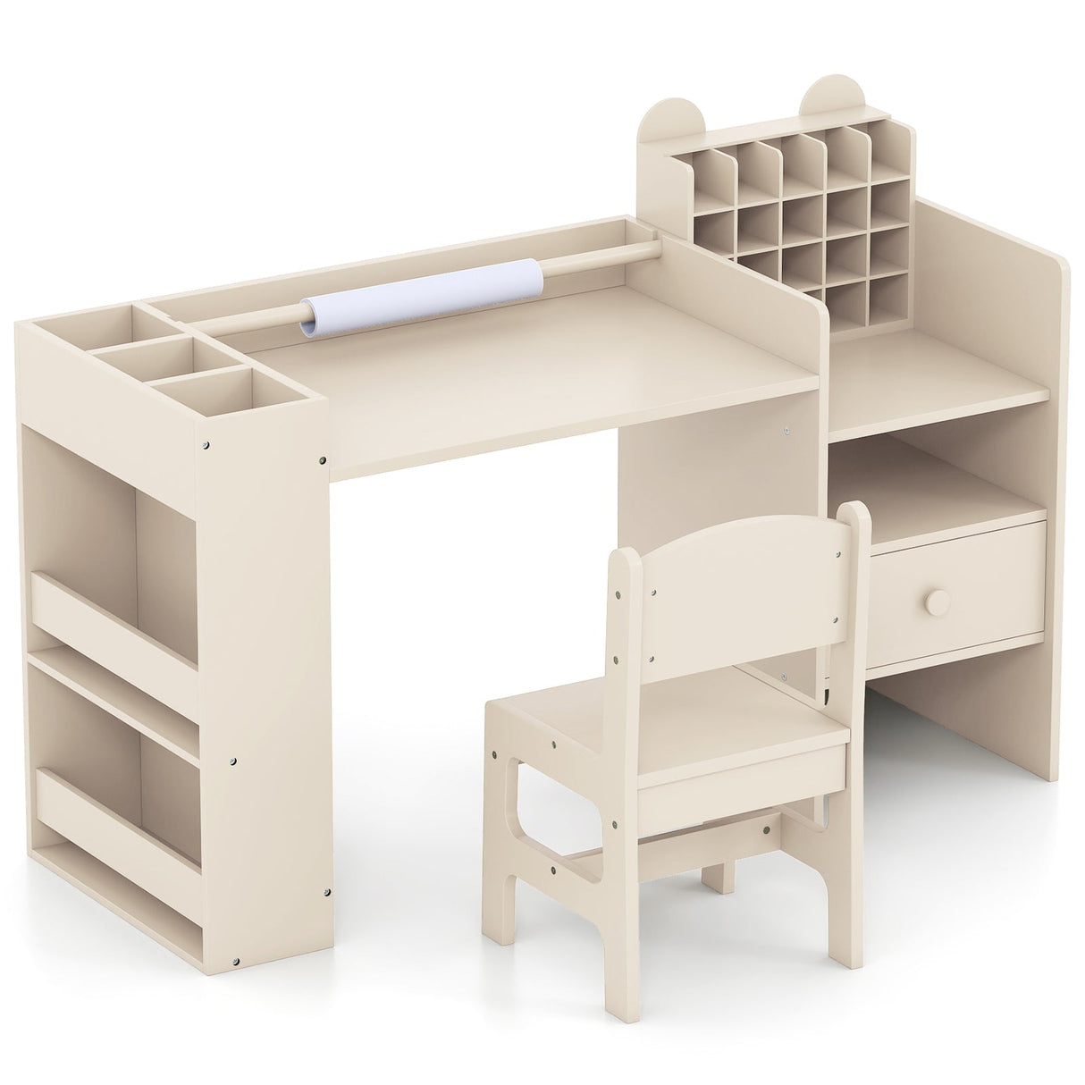 Mesa y sillas de arte para niños con soporte desmontable para rollo de papel y gabinete