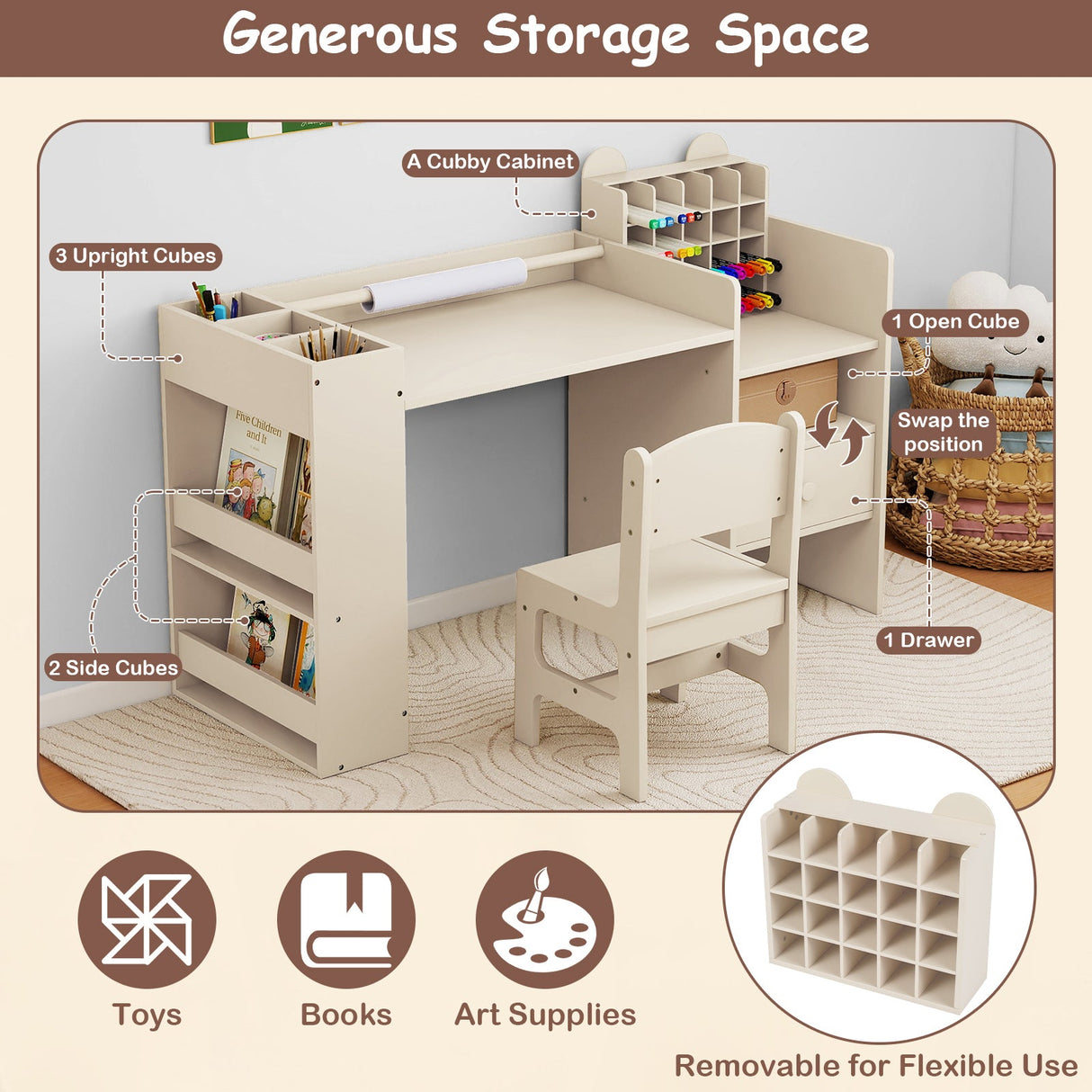 Mesa y sillas de arte para niños con soporte desmontable para rollo de papel y gabinete