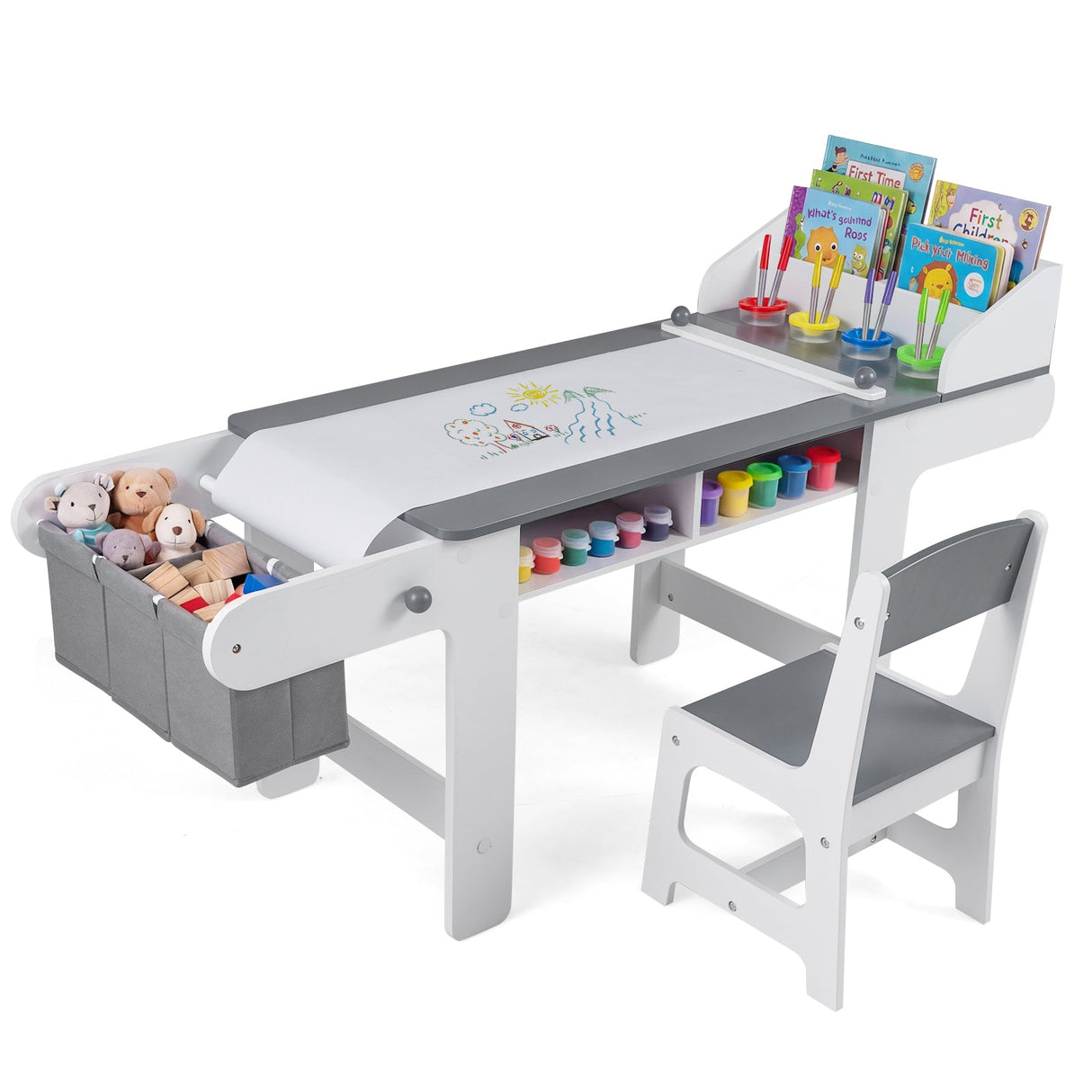 Mesa y silla de arte para niños con rollo de papel y cajones de tela para dibujar, leer, estudiar, jugar - Gris