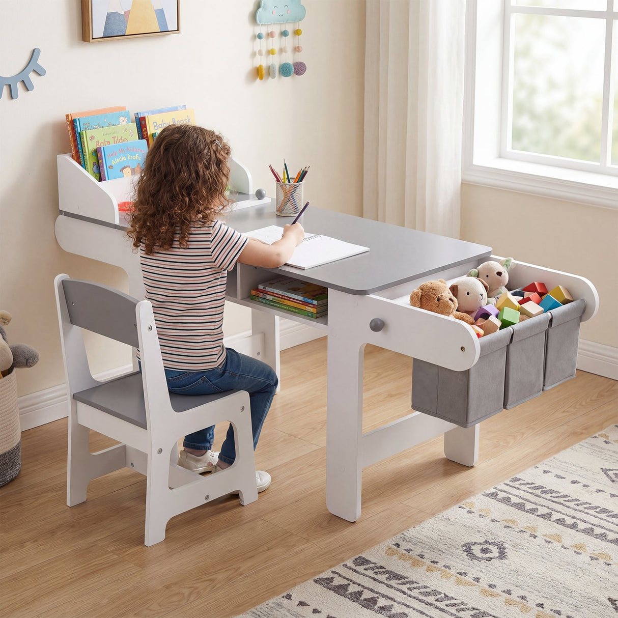 Mesa y silla de arte para niños con rollo de papel y cajones de tela para dibujar, leer, estudiar, jugar - Gris
