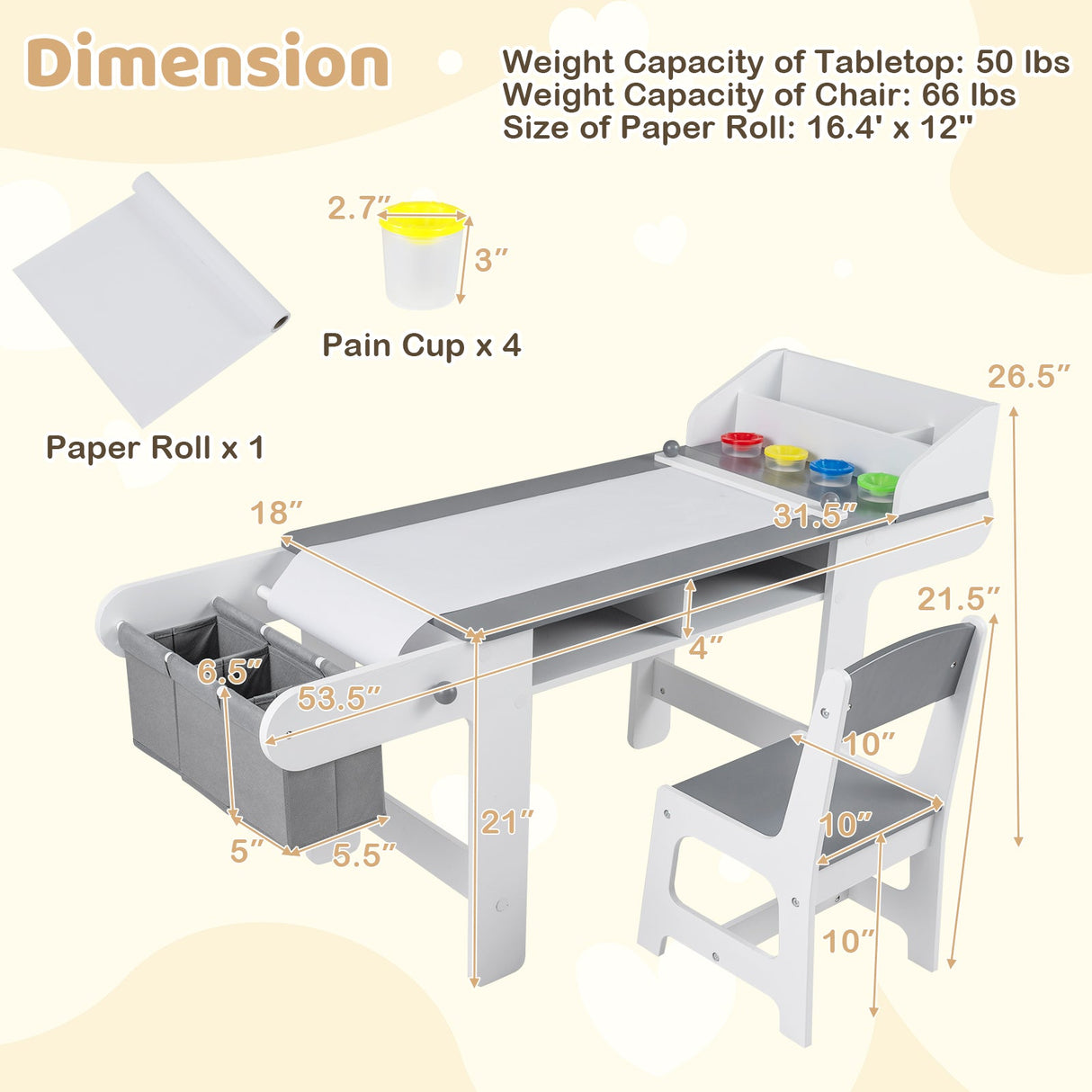 Mesa y silla de arte para niños con rollo de papel y cajones de tela para dibujar, leer, estudiar, jugar - Gris