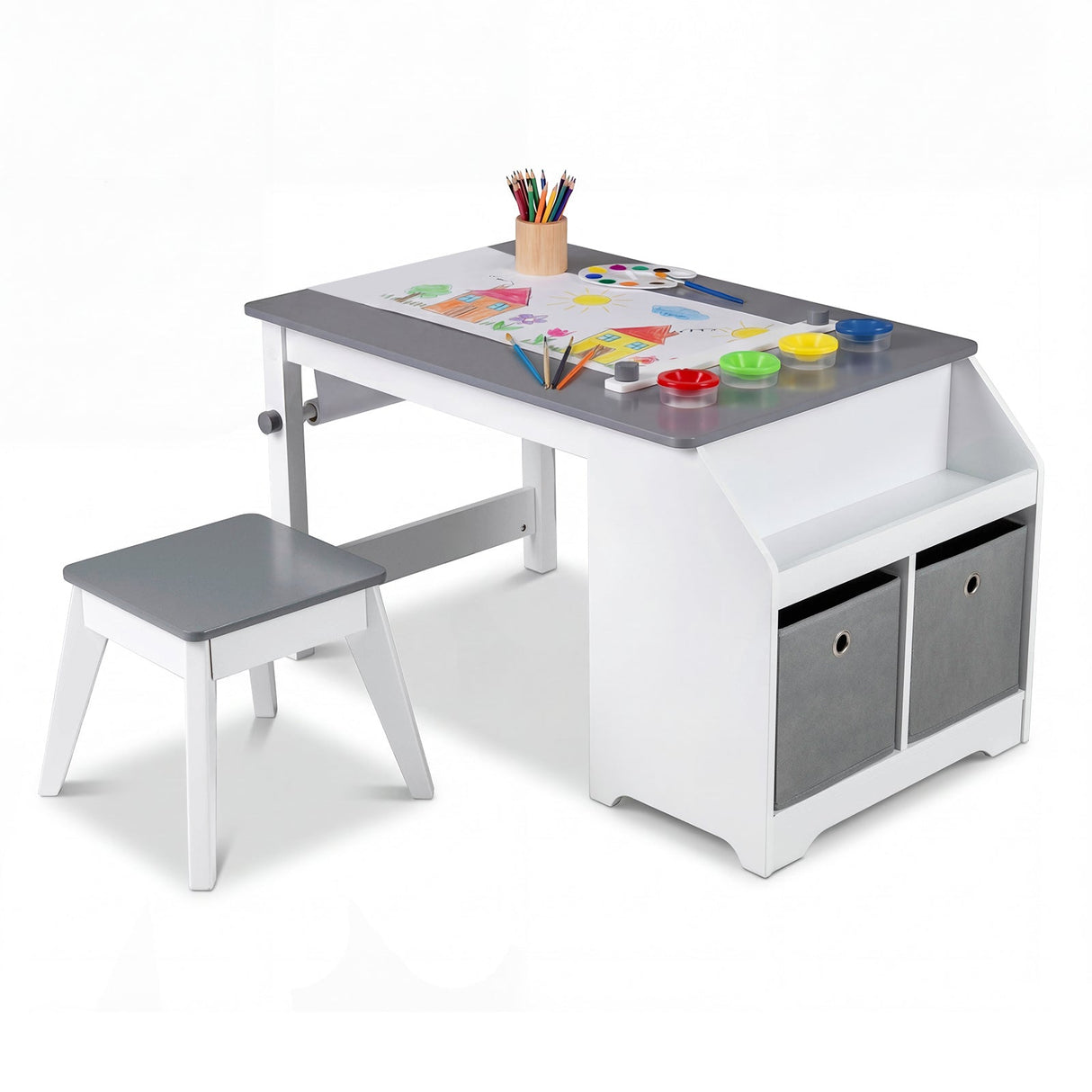 Juego de mesa y taburete de arte para niños, escritorio de actividades para niños pequeños con rollo de papel y 4 vasos de pintura para dibujar y aprender, color gris