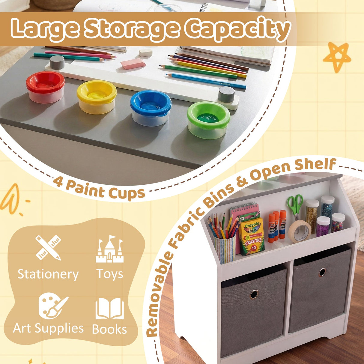 Juego de mesa y taburete de arte para niños, escritorio de actividades para niños pequeños con rollo de papel y 4 vasos de pintura para dibujar y aprender, color gris
