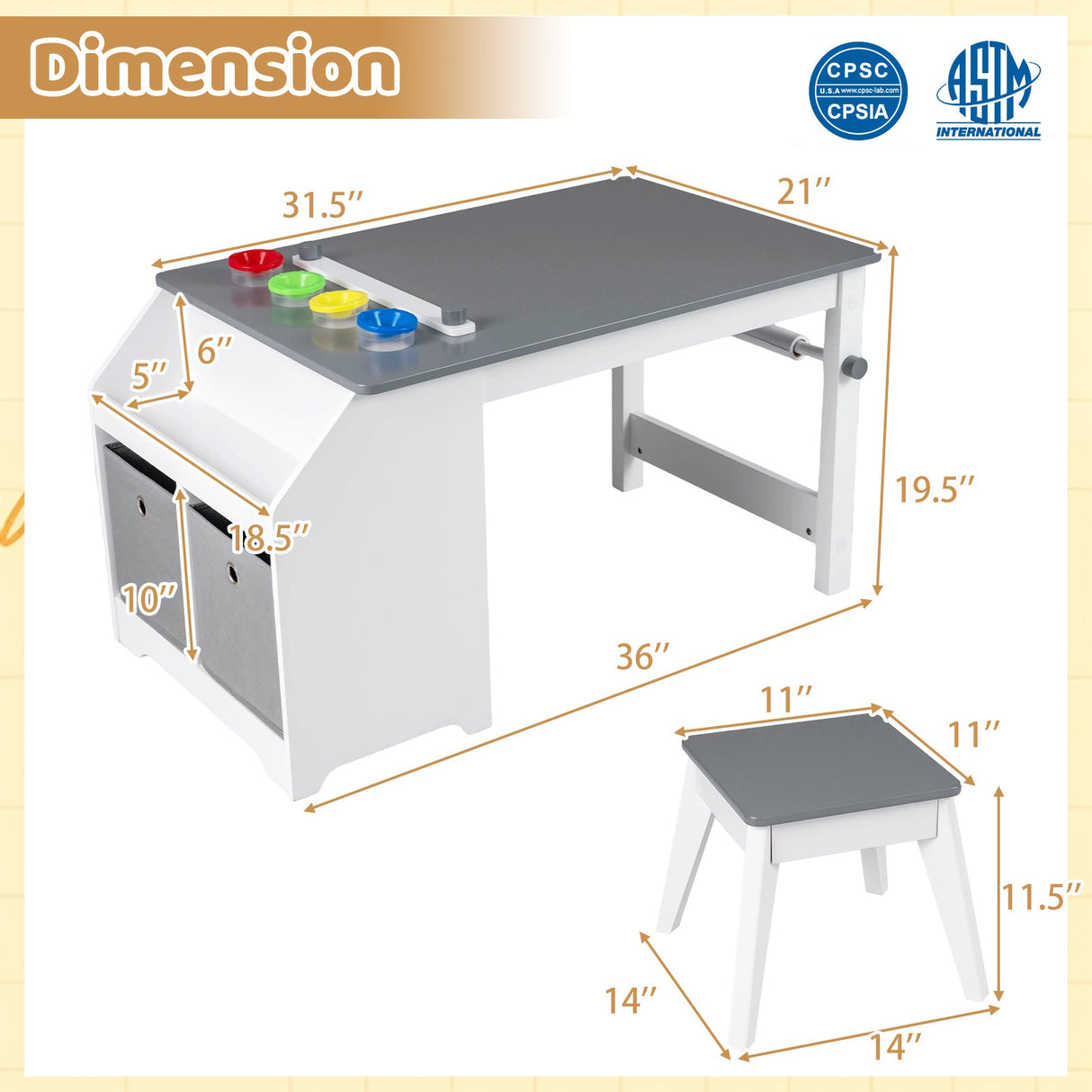 Juego de mesa y taburete de arte para niños, escritorio de actividades para niños pequeños con rollo de papel y 4 vasos de pintura para dibujar y aprender, color gris