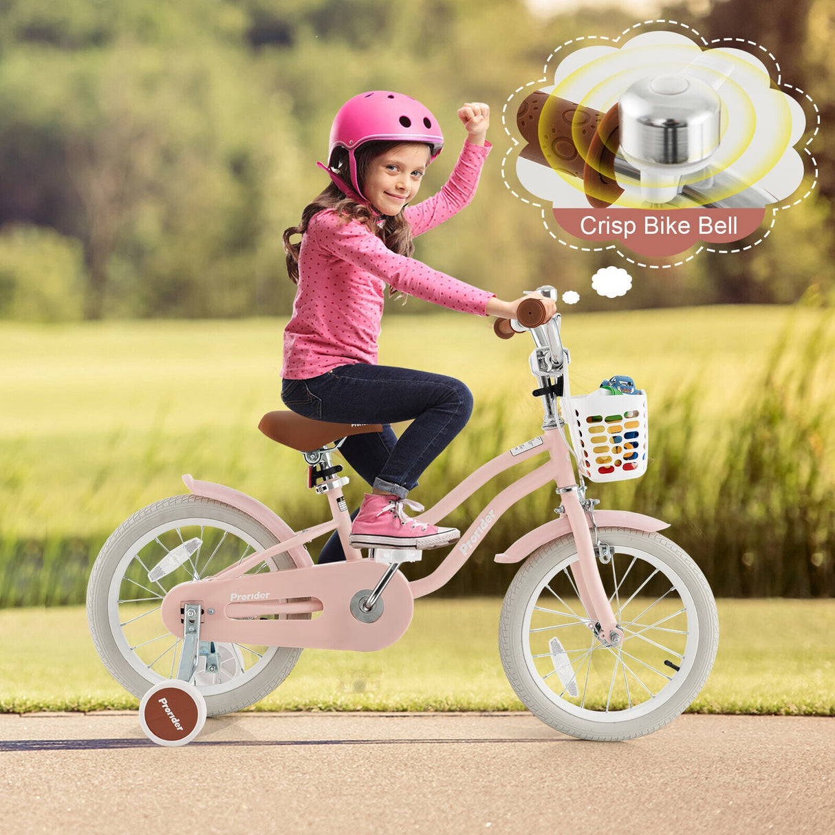 Bicicleta infantil de 16 pulgadas con freno de mano delantero y 2 ruedas de aprendizaje-Rosa