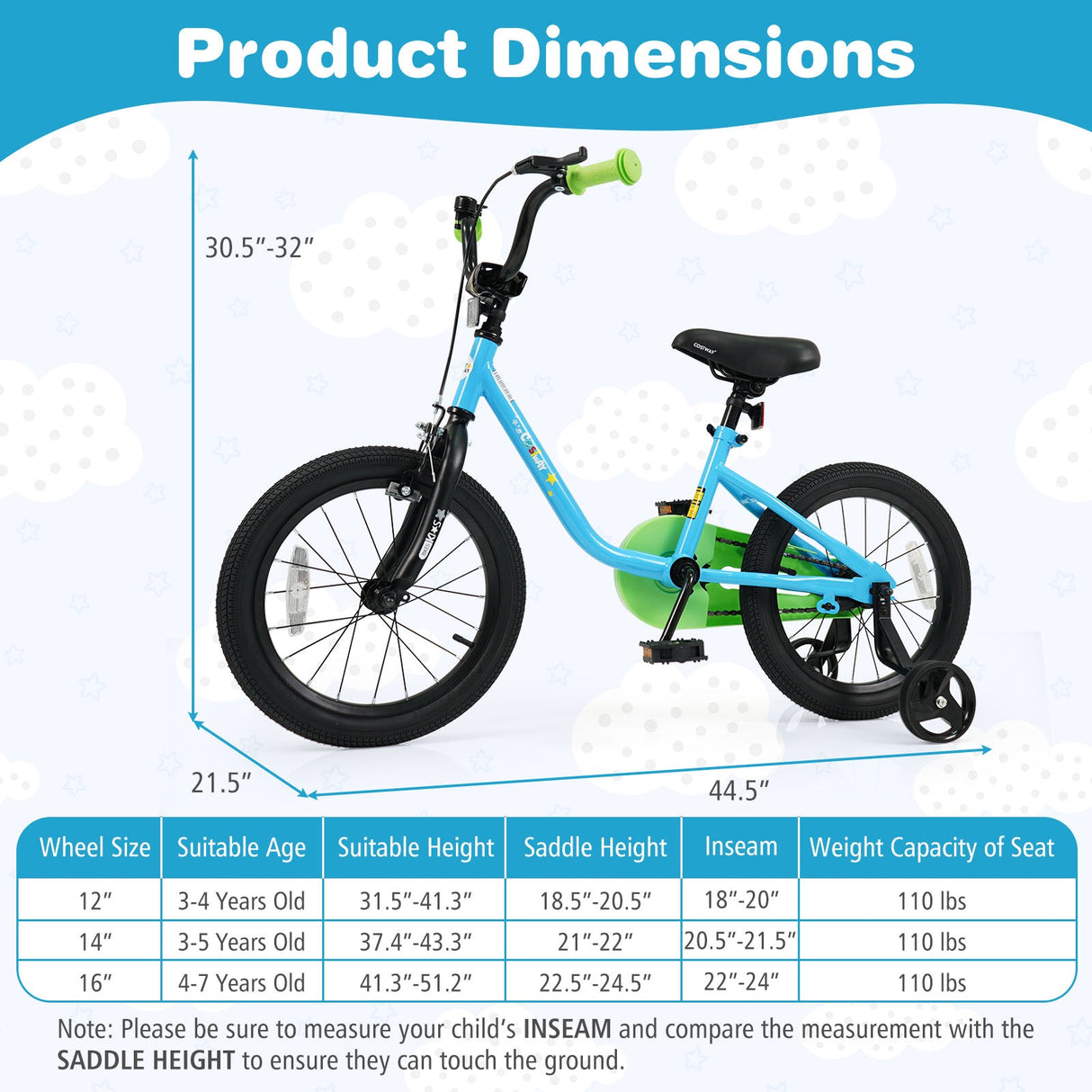 Bicicleta para niños y niñas de 3 a 7 años de 12/14/16 pulgadas, color azul