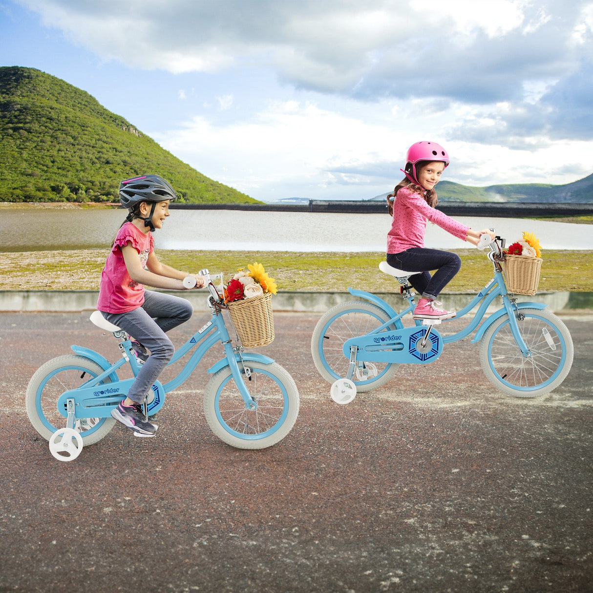 Bicicleta de 14 pulgadas para niños con ruedines y sillín y manillar ajustables