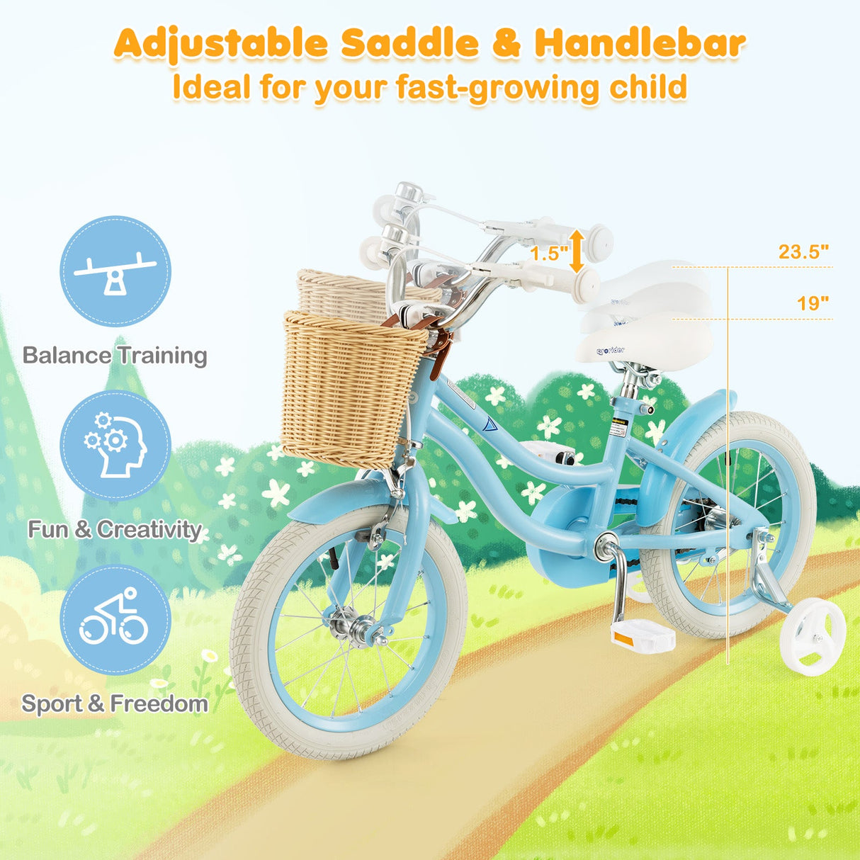 Bicicleta de 14 pulgadas para niños con ruedines y sillín y manillar ajustables
