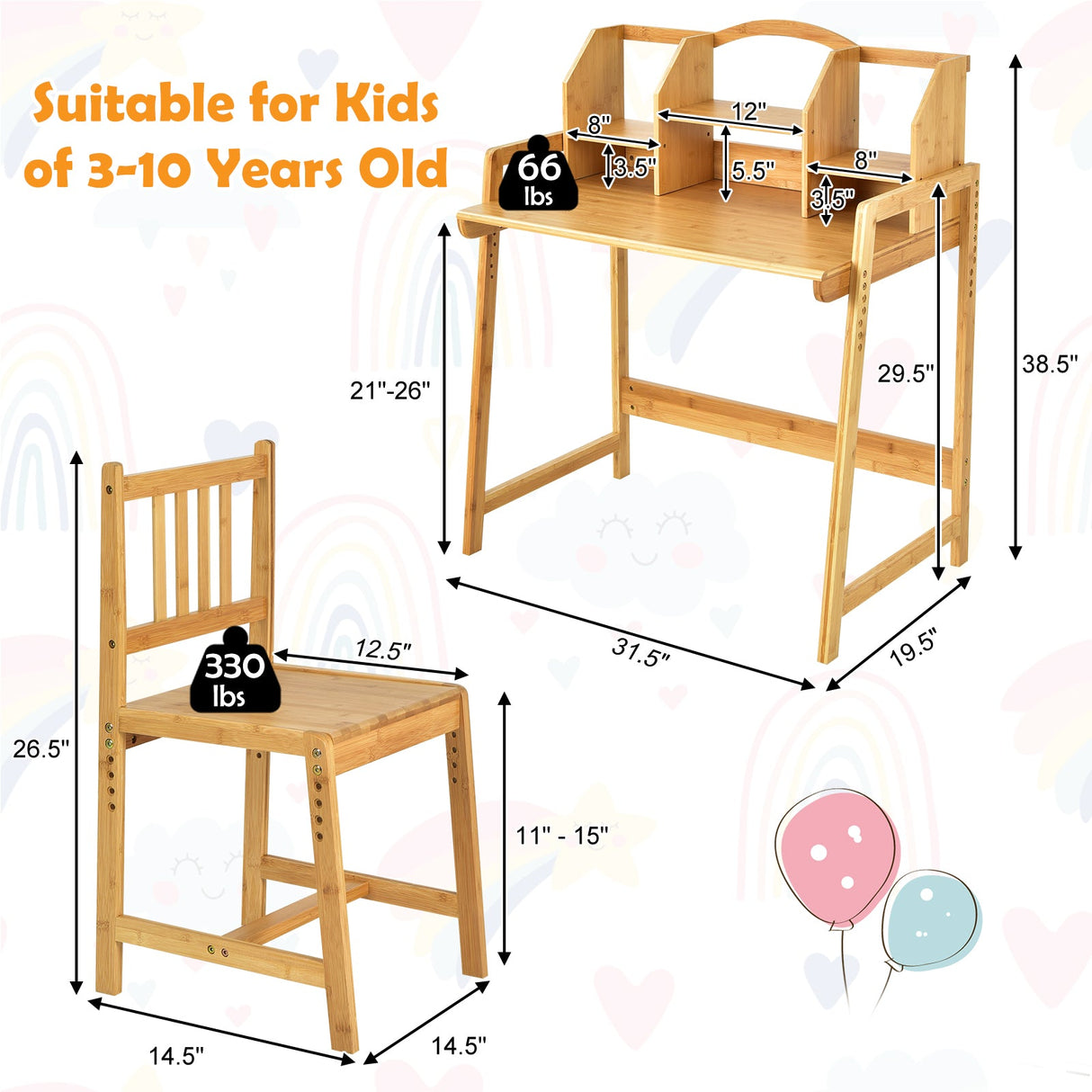 Juego de Escritorio y Silla de Estudio para Niños de Bambú con Estantería