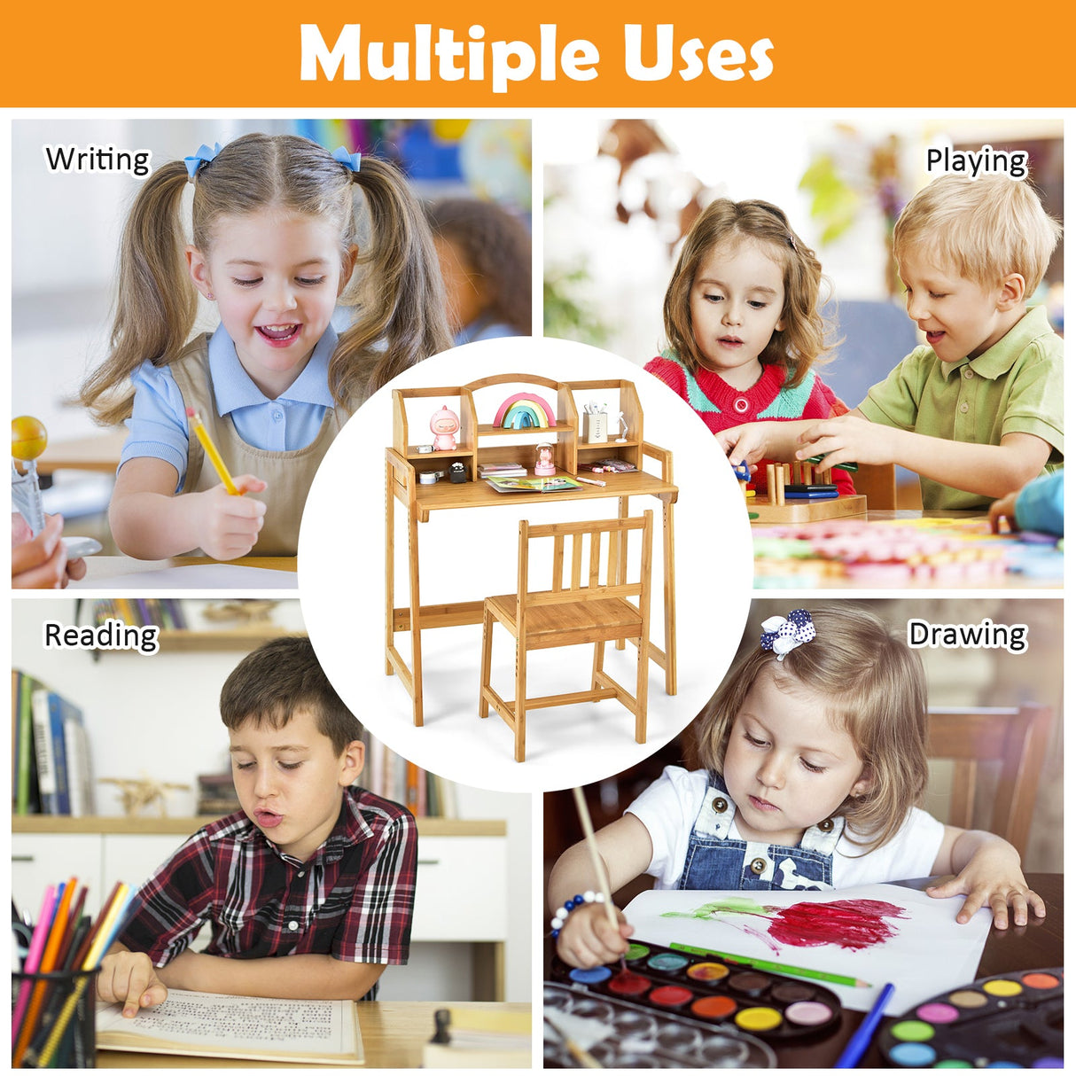 Juego de Escritorio y Silla de Estudio para Niños de Bambú con Estantería