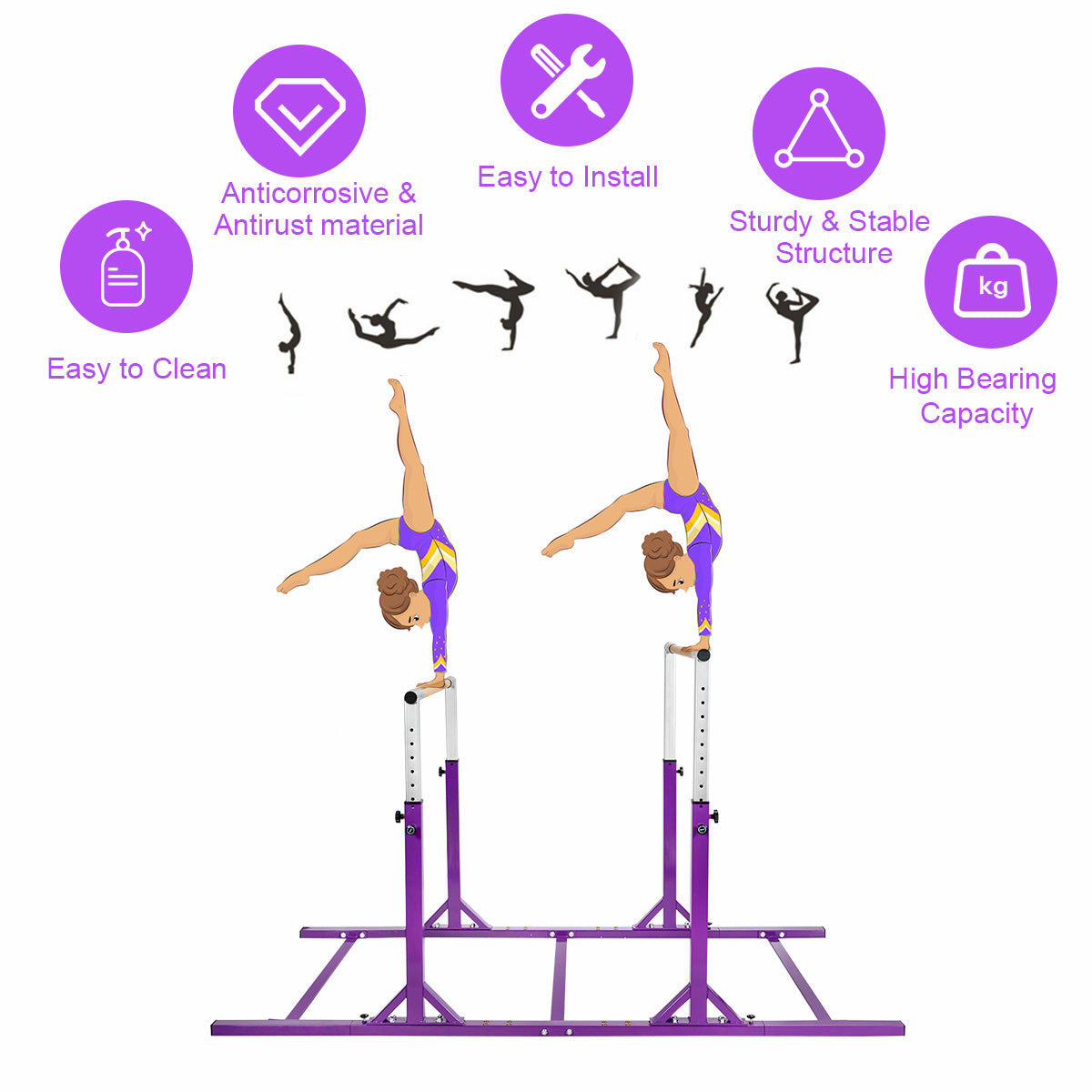 Barras Horizontales Dobles Infantiles Barras Paralelas Ajustables para Entrenamiento de Gimnasia - Morado