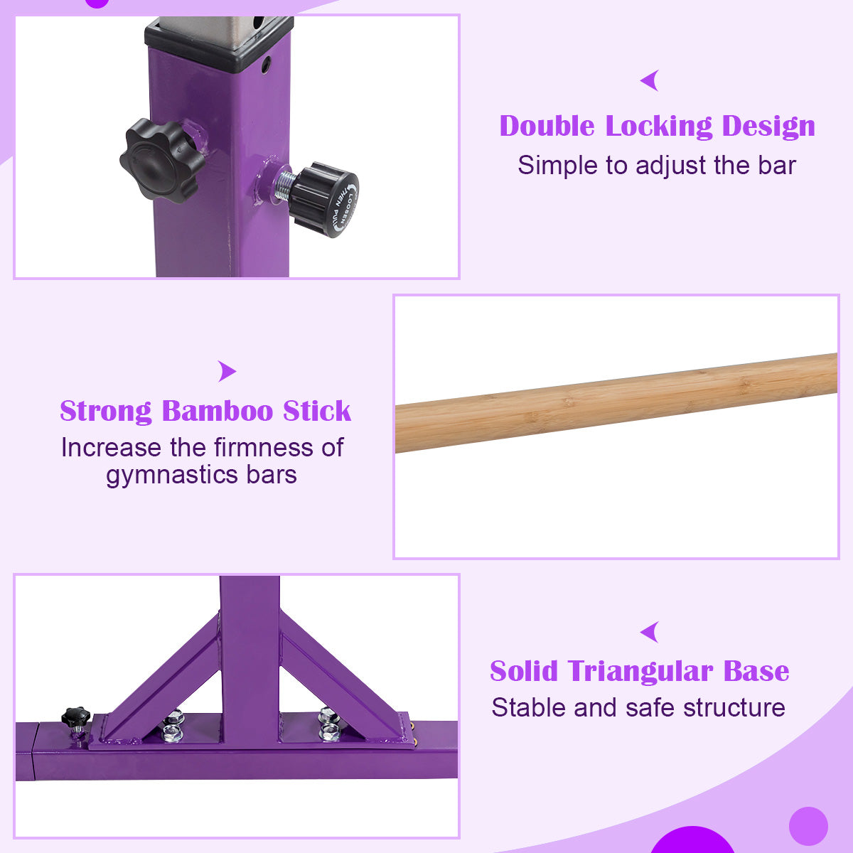 Barras Horizontales Dobles Infantiles Barras Paralelas Ajustables para Entrenamiento de Gimnasia - Morado
