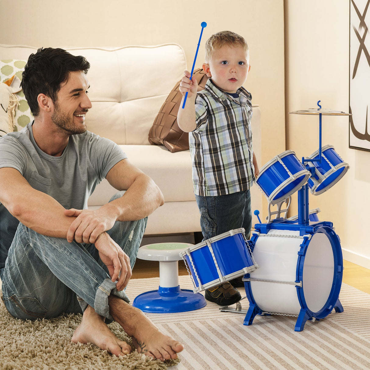Batería para niños, instrumento musical de percusión educativo con bombo, azul
