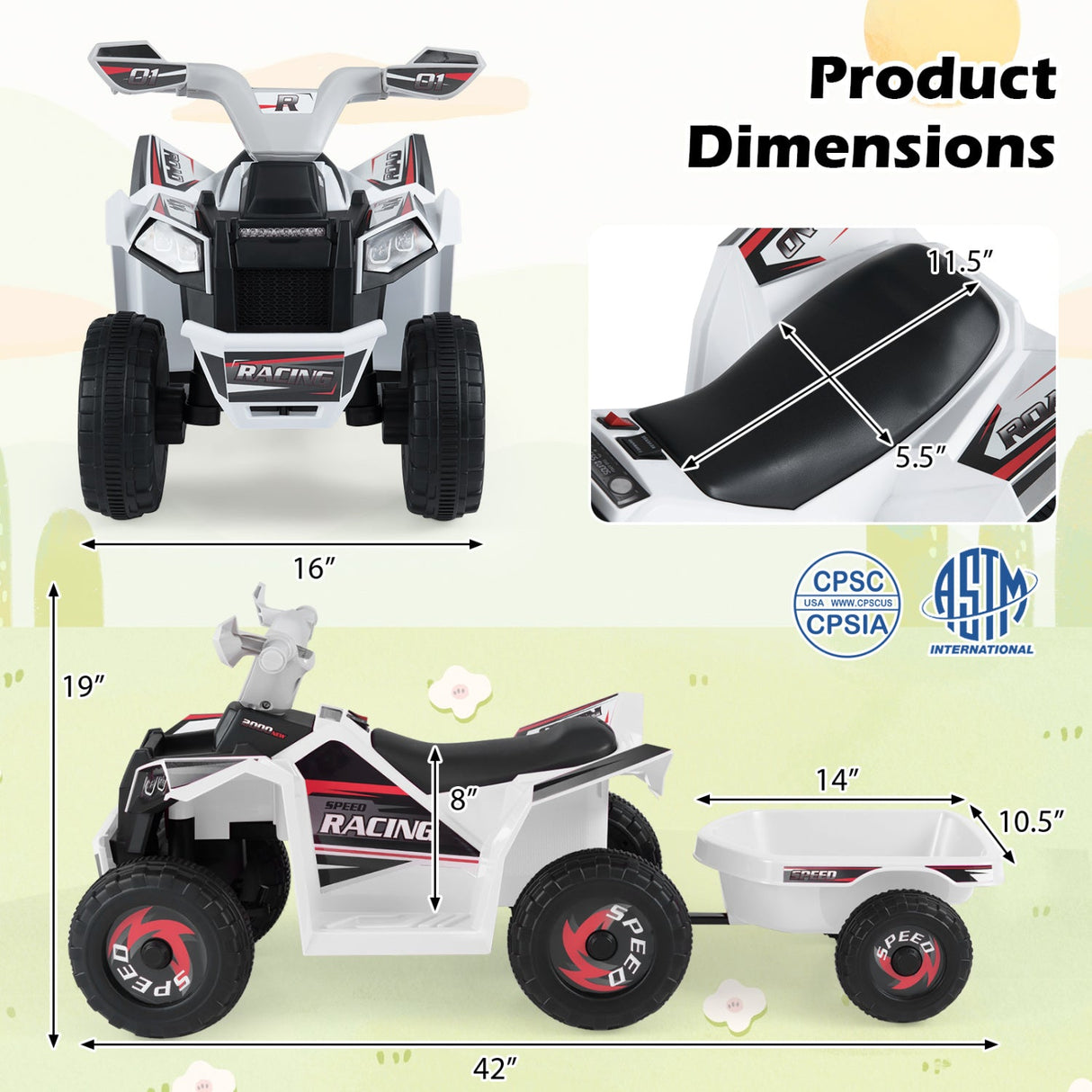 Coche quad eléctrico infantil de 6V con remolque desmontable