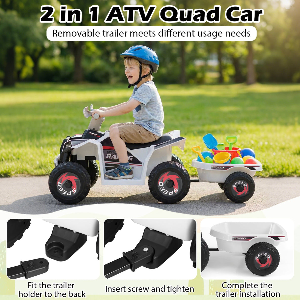 Coche quad eléctrico infantil de 6V con remolque desmontable