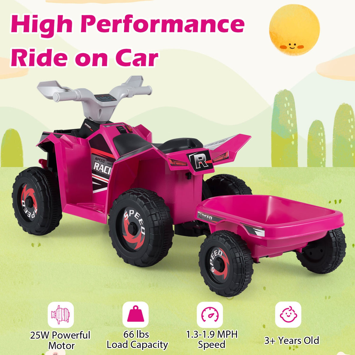 Coche quad eléctrico infantil de 6V con remolque desmontable