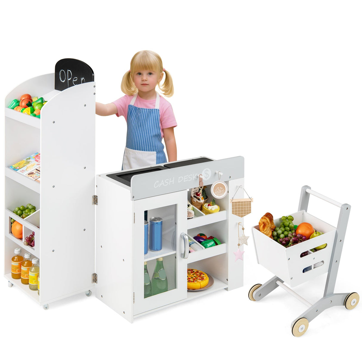 Tienda de comestibles de juguete para niños, de madera, convertible con carrito de compras - Blanca