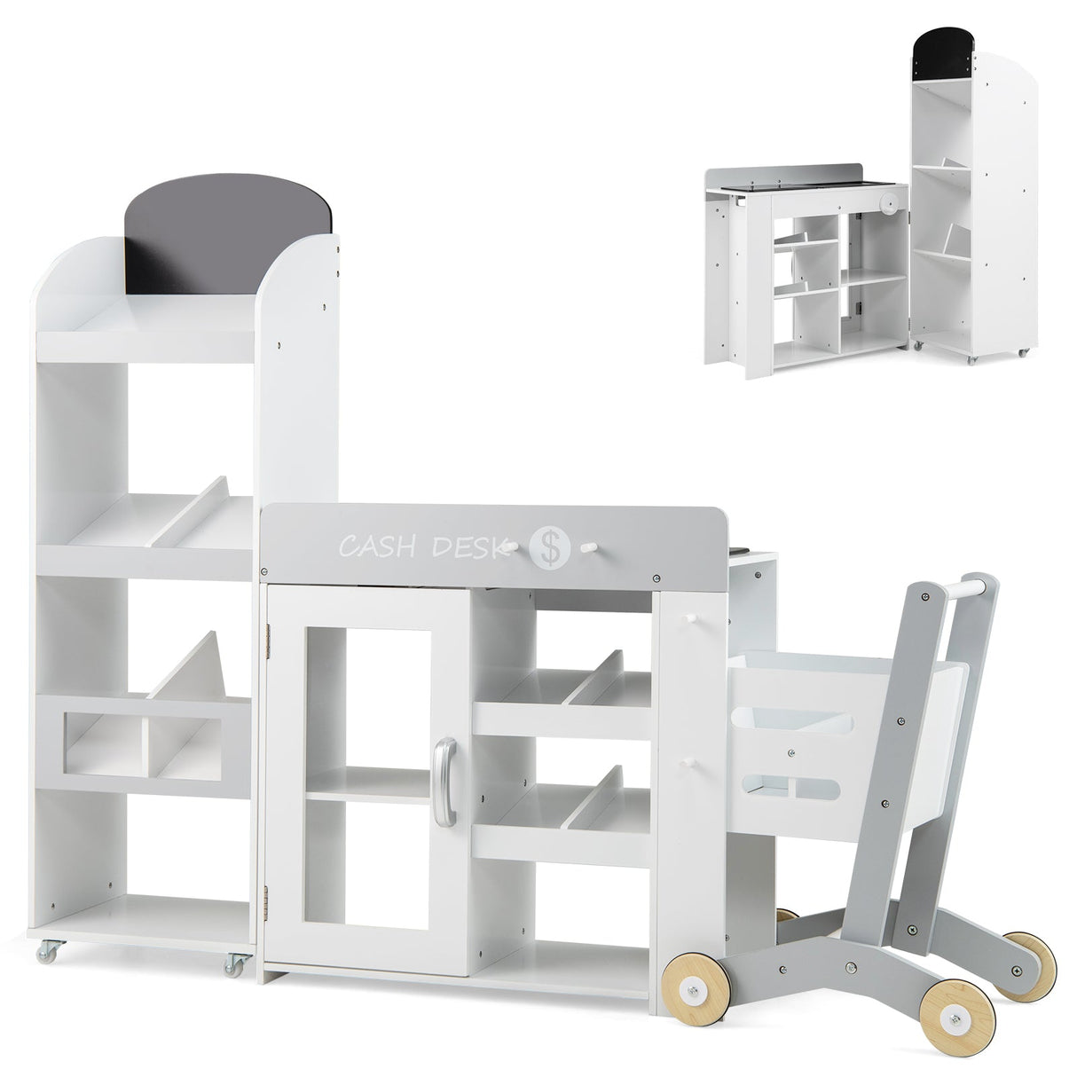 Tienda de comestibles de juguete para niños, de madera, convertible con carrito de compras - Blanca