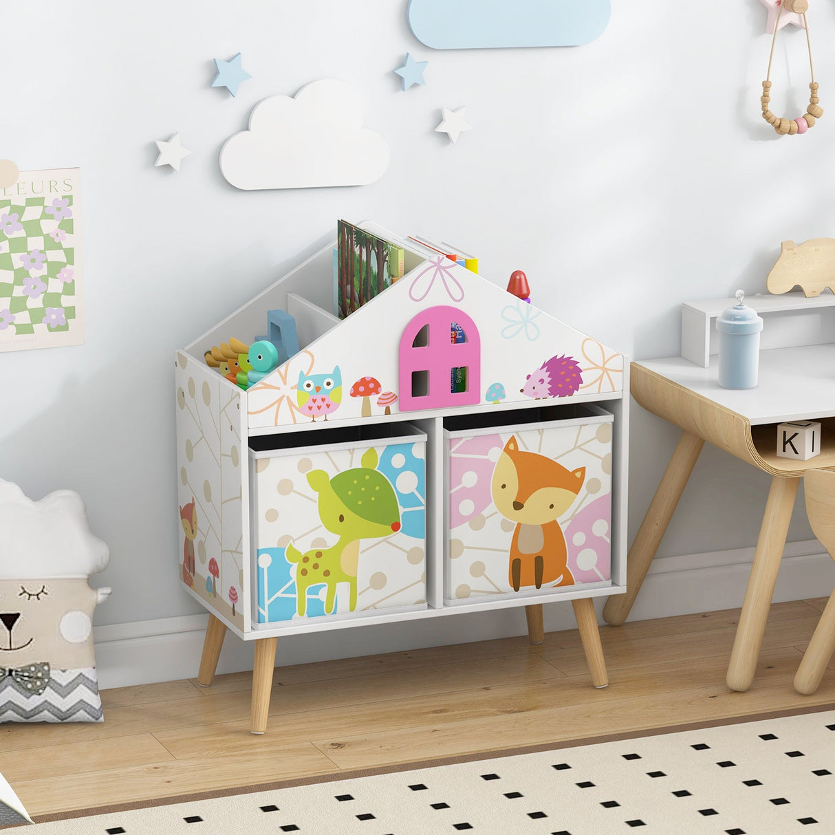 Estantería infantil con forma de casa y 2 cajones de almacenamiento para sala de juegos o habitación infantil - Blanca
