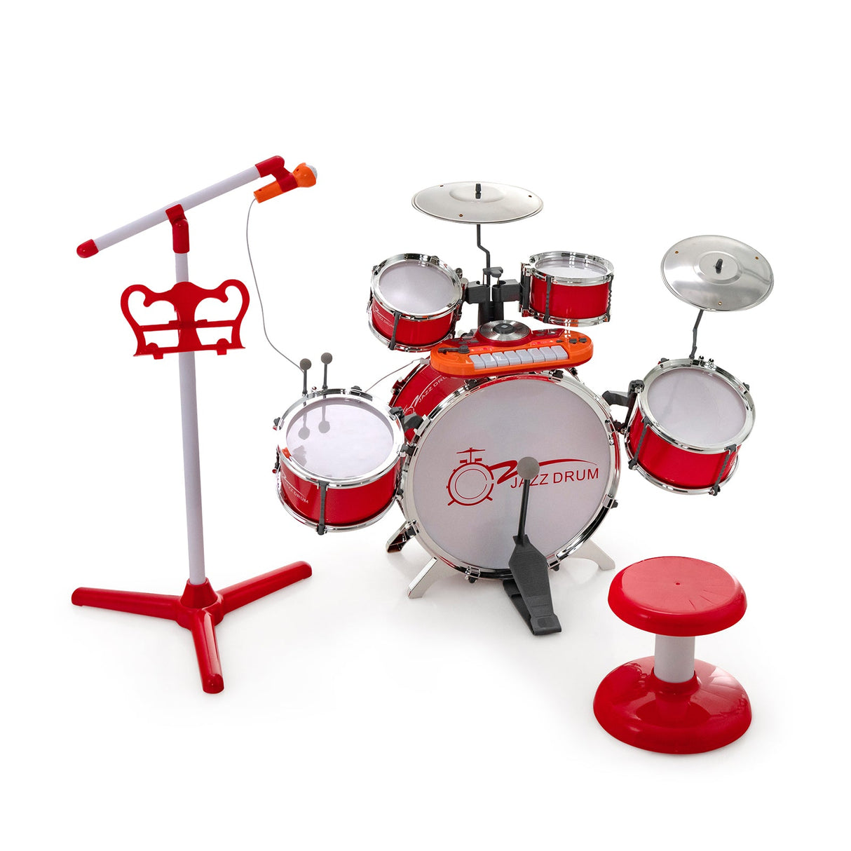 Set de batería y teclado de jazz para niños con taburete y soporte de micrófono