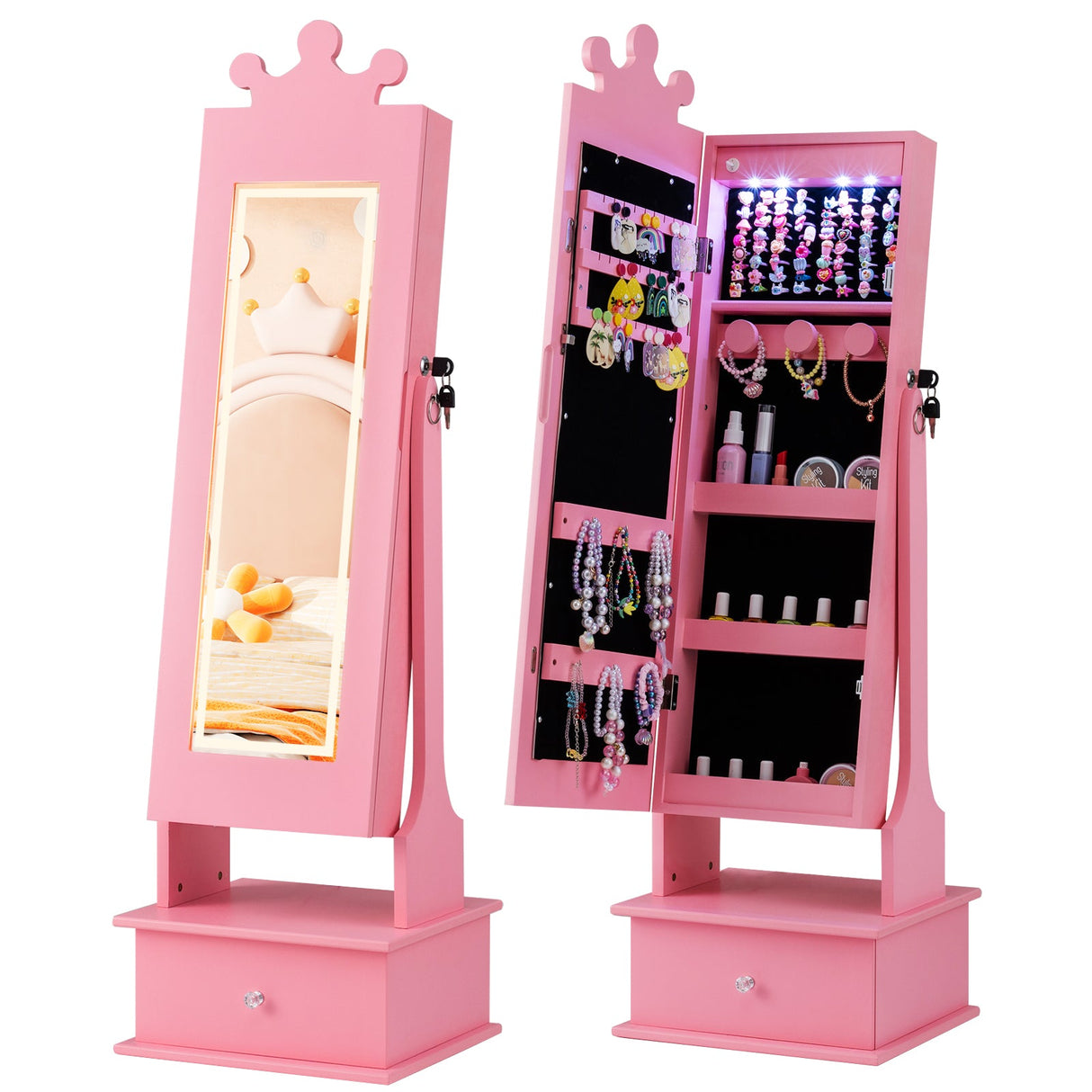 Joyerero infantil con espejo de cuerpo entero iluminado de 3 colores y luces LED interiores