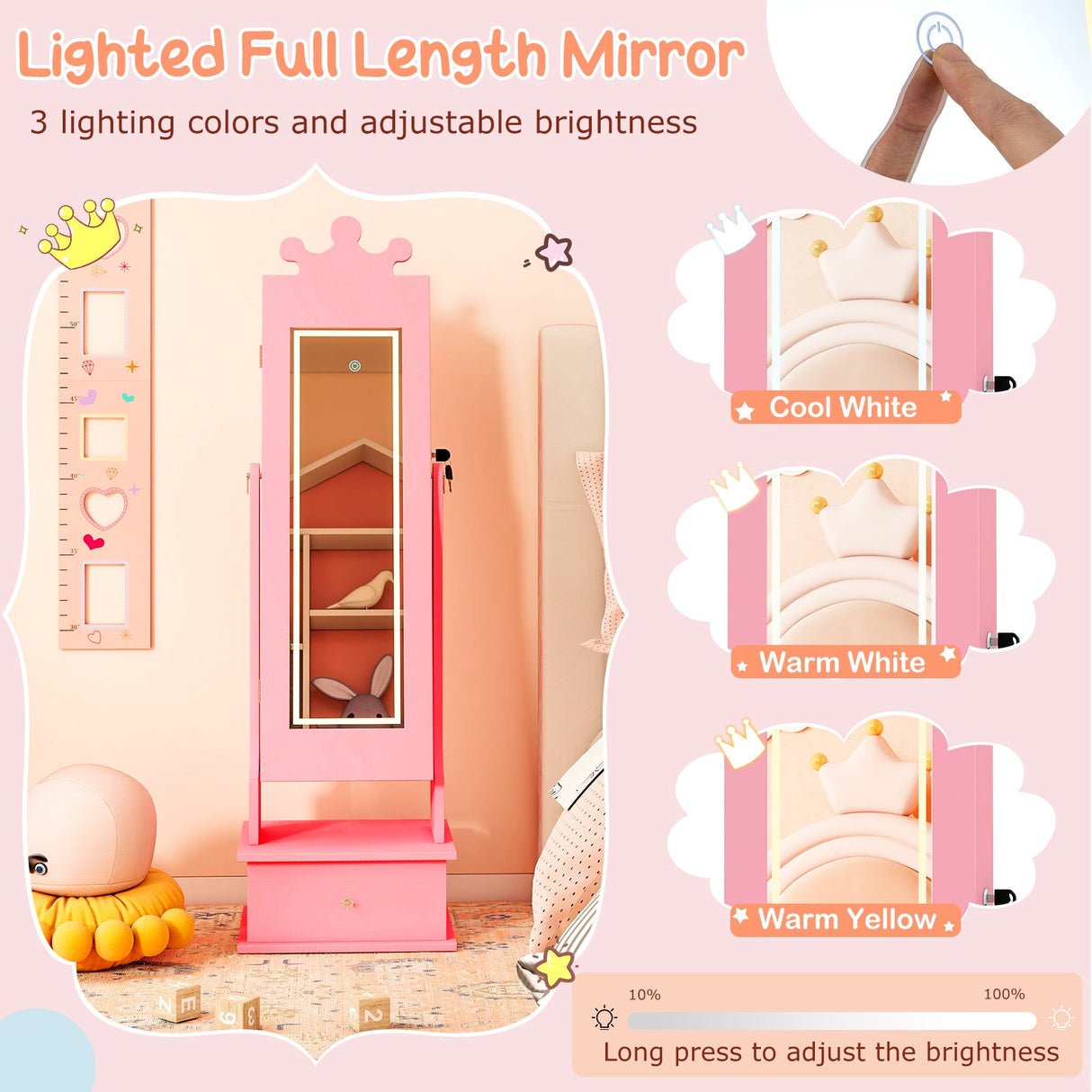 Joyerero infantil con espejo de cuerpo entero iluminado de 3 colores y luces LED interiores