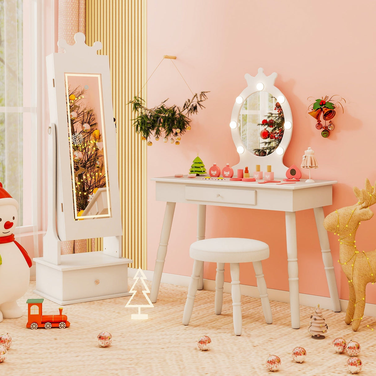 Joyerero infantil con espejo de cuerpo entero iluminado de 3 colores y luces LED interiores