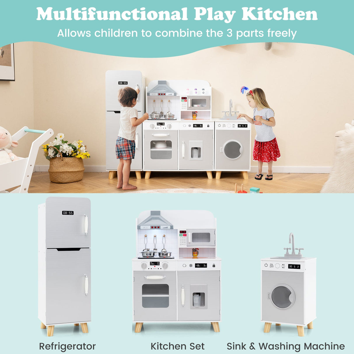 Juego de cocina infantil 3 en 1 con refrigerador y lavadora-Gris
