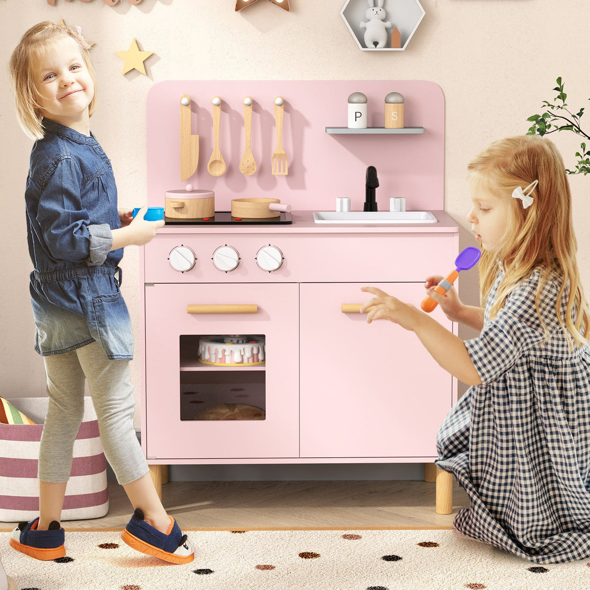 Juego de cocina de juguete para niños con accesorios de cocina y almacenamiento