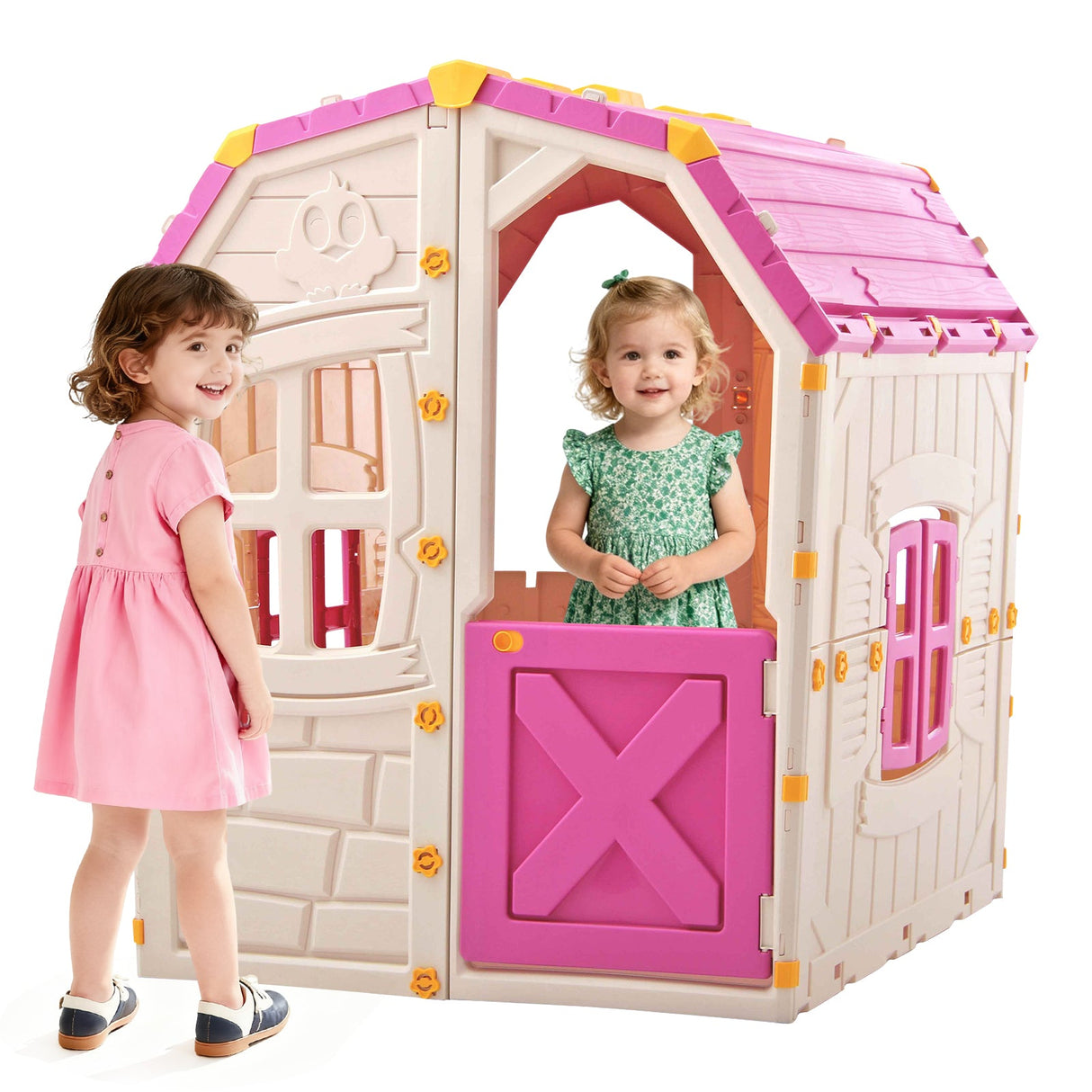 Casa de juegos de exterior para niños con ventanas y puerta que se abren para uso en interiores