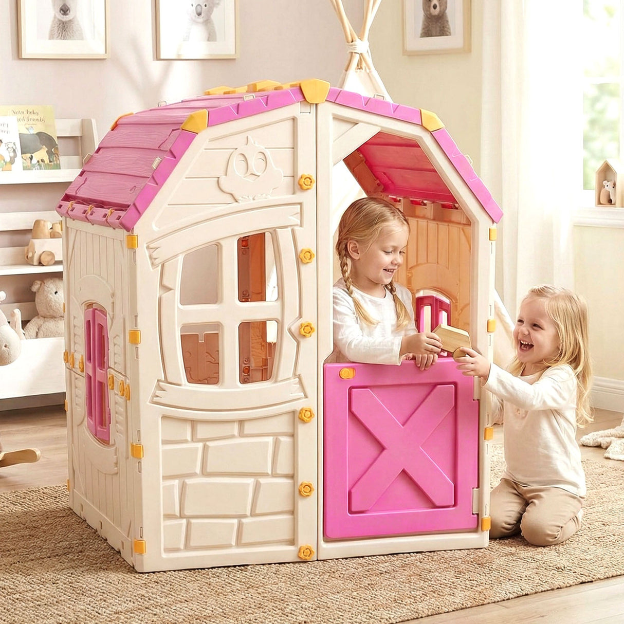 Casa de juegos de exterior para niños con ventanas y puerta que se abren para uso en interiores