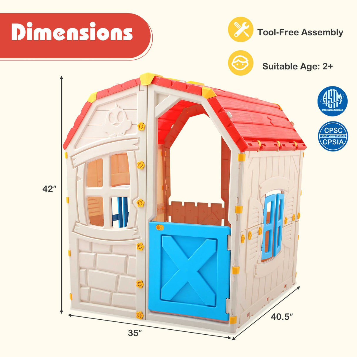 Casa de juegos de exterior para niños con ventanas y puerta que se abren para uso en interiores