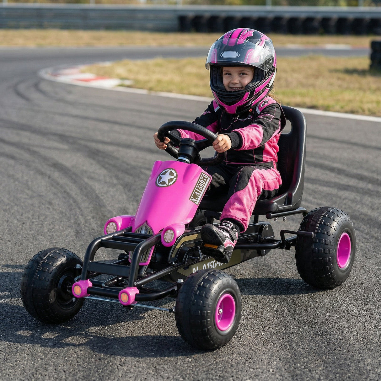 Coche de pedales para niños con volante, palanca de cambios y freno de mano