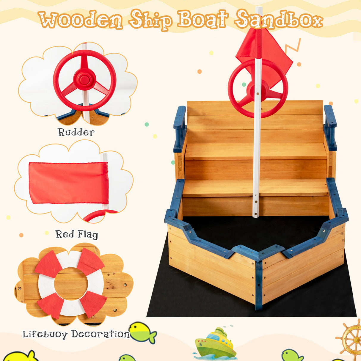 Barco Pirata de Madera Arenero para Niños Juego Exterior