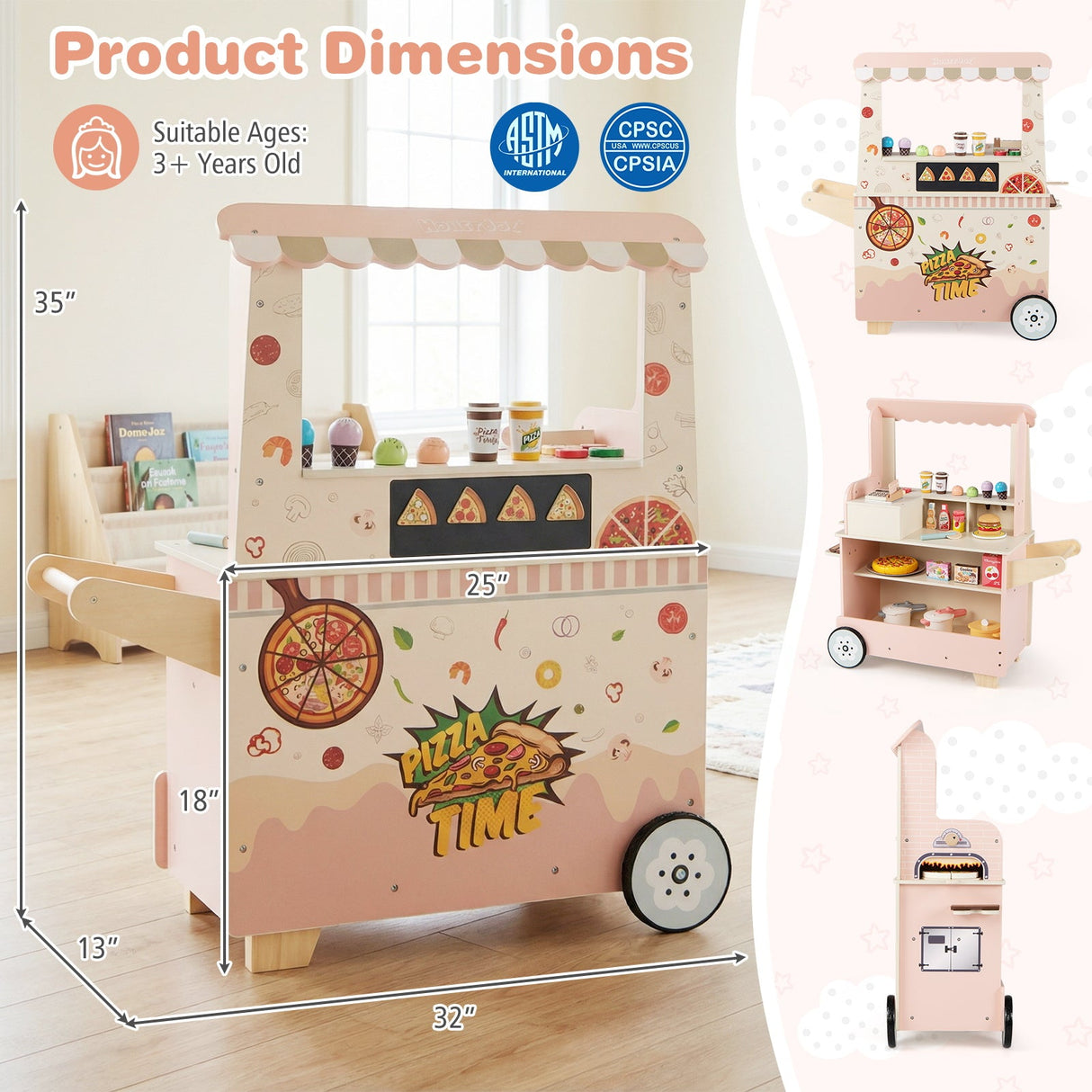 Camión de Comida de Pizza para Niños de Juguete de Madera con Horno - Rosa
