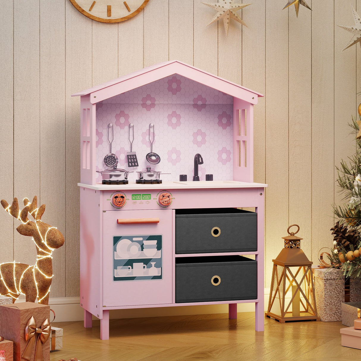 Kids Play Kitchen Children Toy Kitchen Playset with 2 Stoves and Rotation Knobs