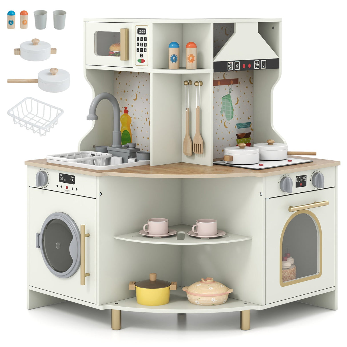Cocina de Juguete de Madera para Niños, Juego de Cocina Esquinera con Grifo y Fregadero que Funcionan - Beige