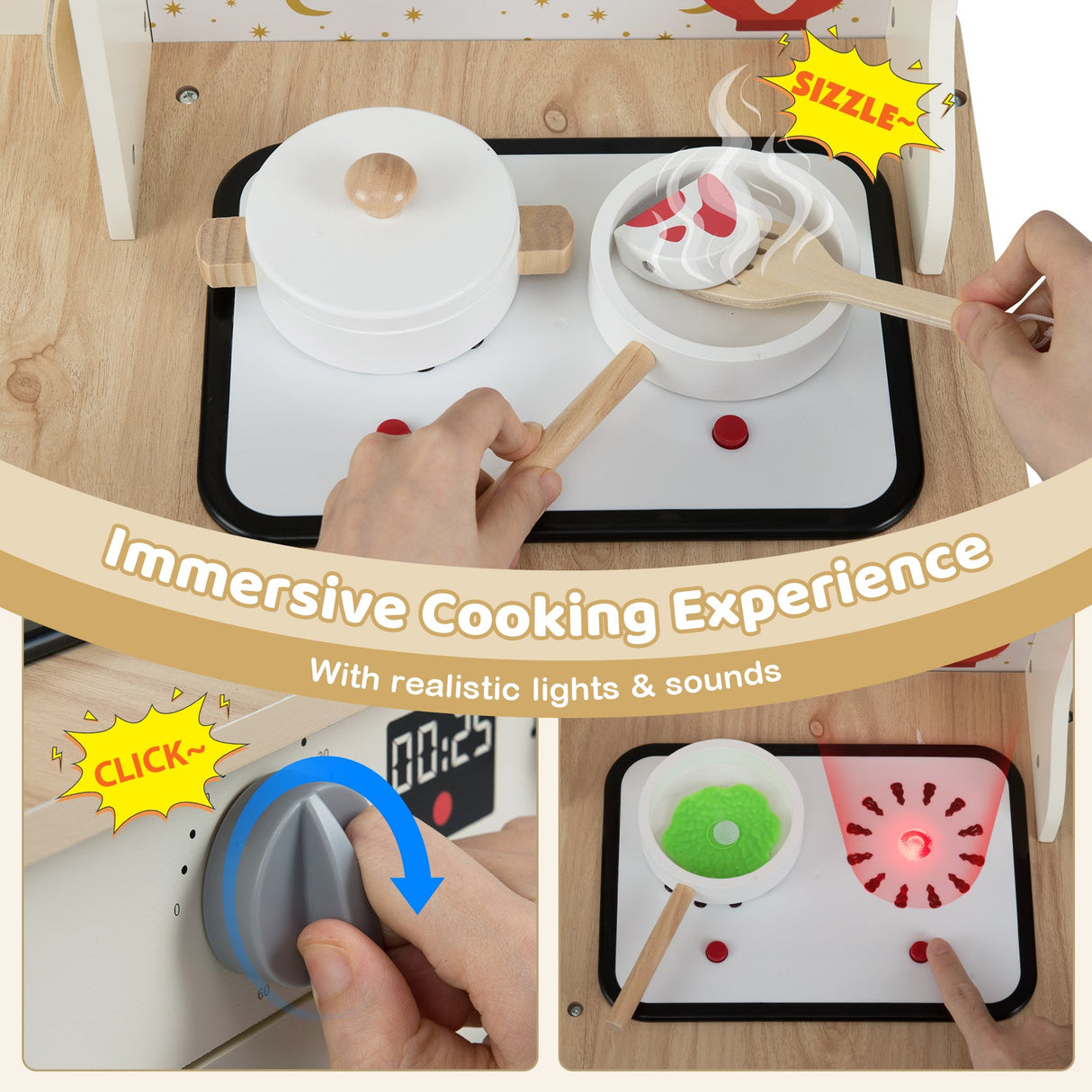 Cocina de Juguete de Madera para Niños, Juego de Cocina Esquinera con Grifo y Fregadero que Funcionan - Beige