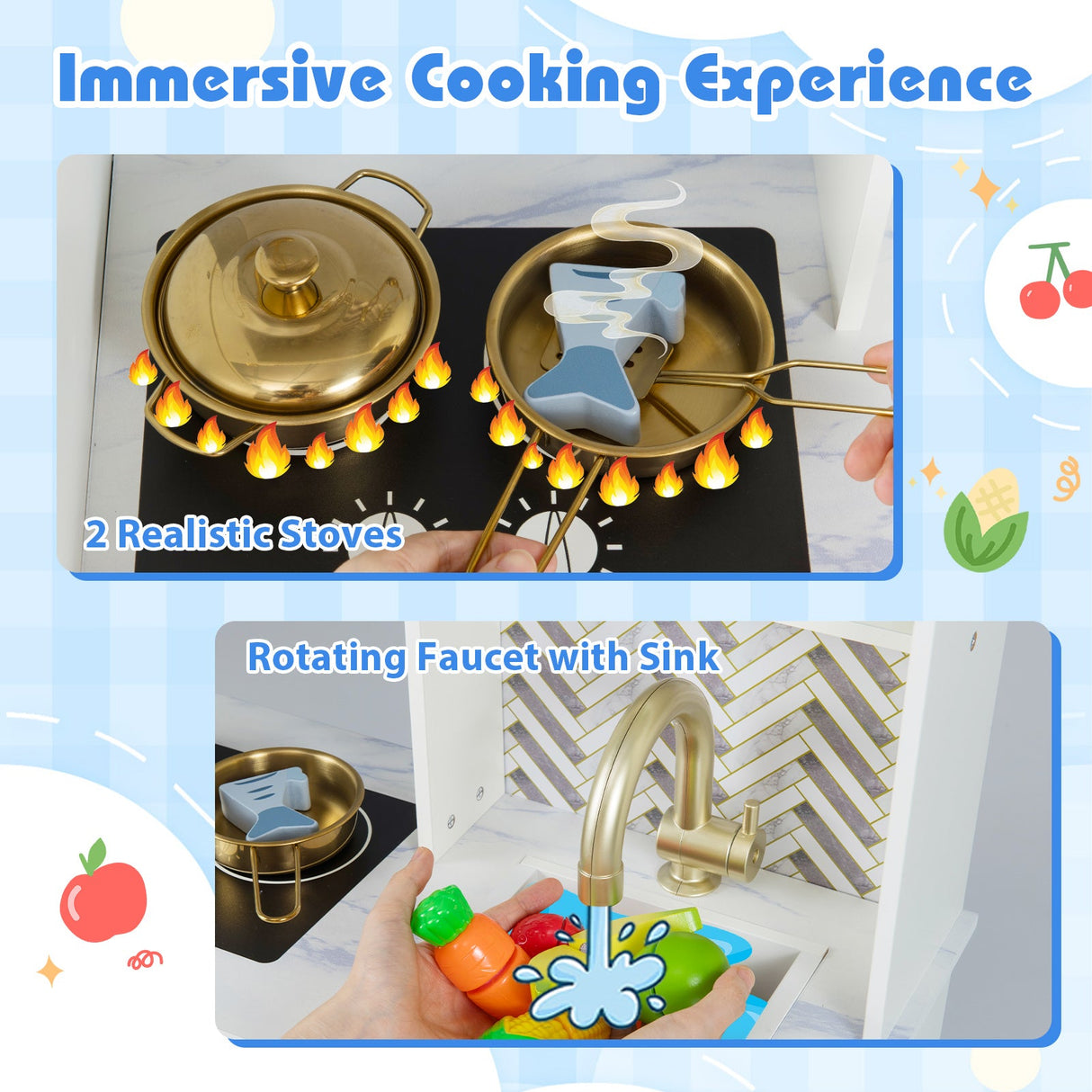 Cocina de juguete para niños con estufas y grifo para niñas y niños de 3 a 6 años
