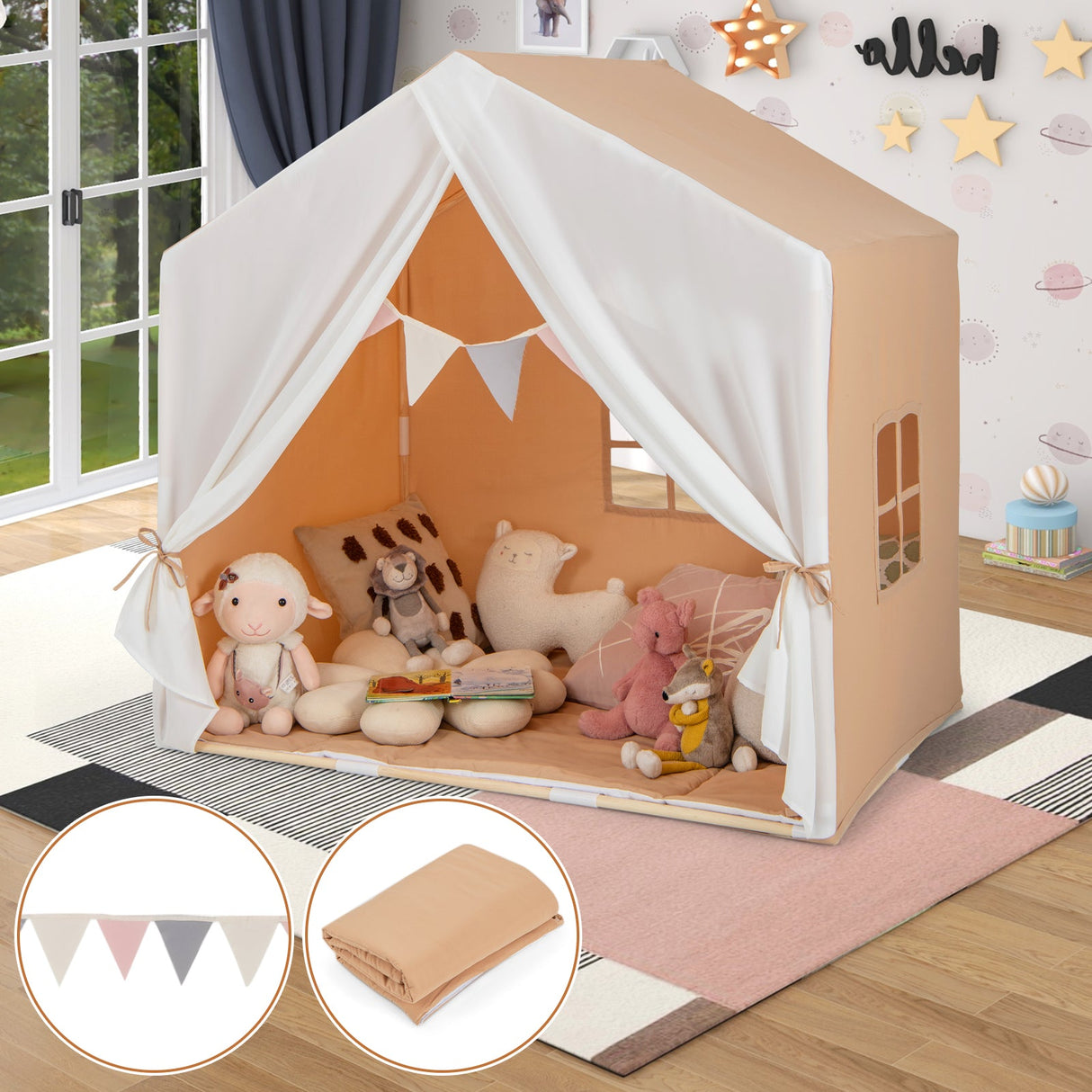 Tienda de juegos infantil con alfombrilla de algodón lavable y guirnalda de banderines