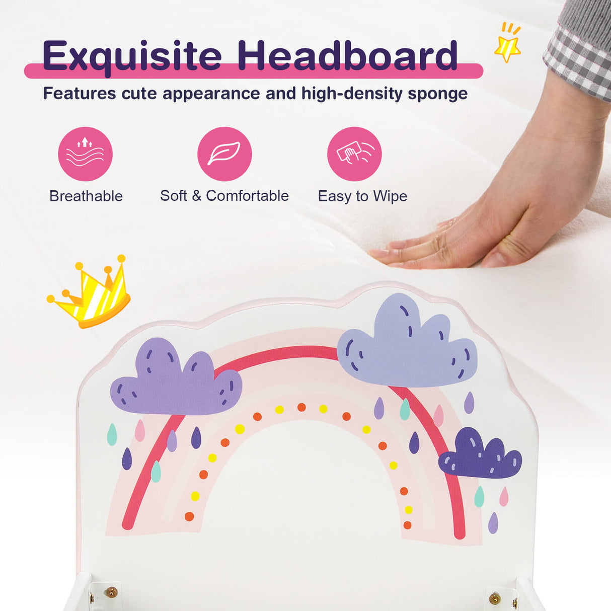 Cama plataforma de madera tapizada tamaño individual para niños con estampado de arcoíris