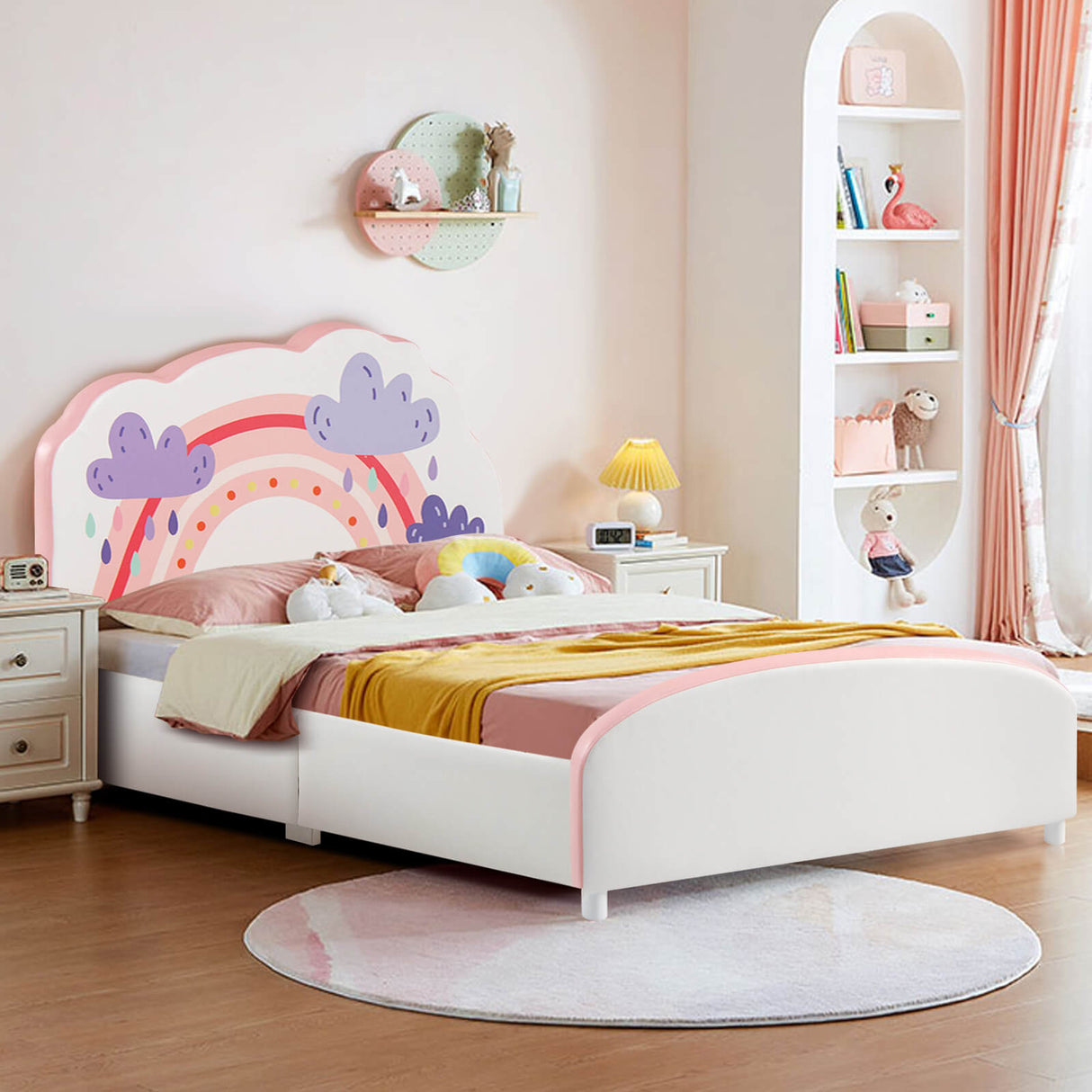 Cama plataforma de madera tapizada tamaño individual para niños con estampado de arcoíris