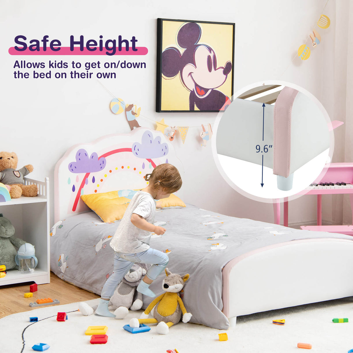Cama plataforma de madera tapizada tamaño individual para niños con estampado de arcoíris