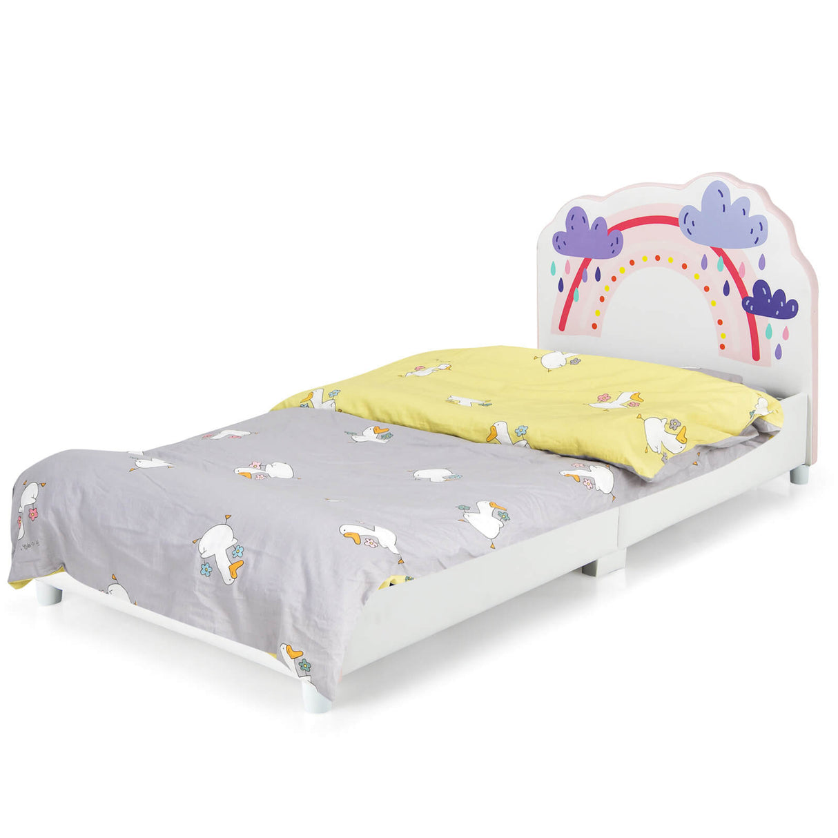 Cama plataforma de madera tapizada tamaño individual para niños con estampado de arcoíris
