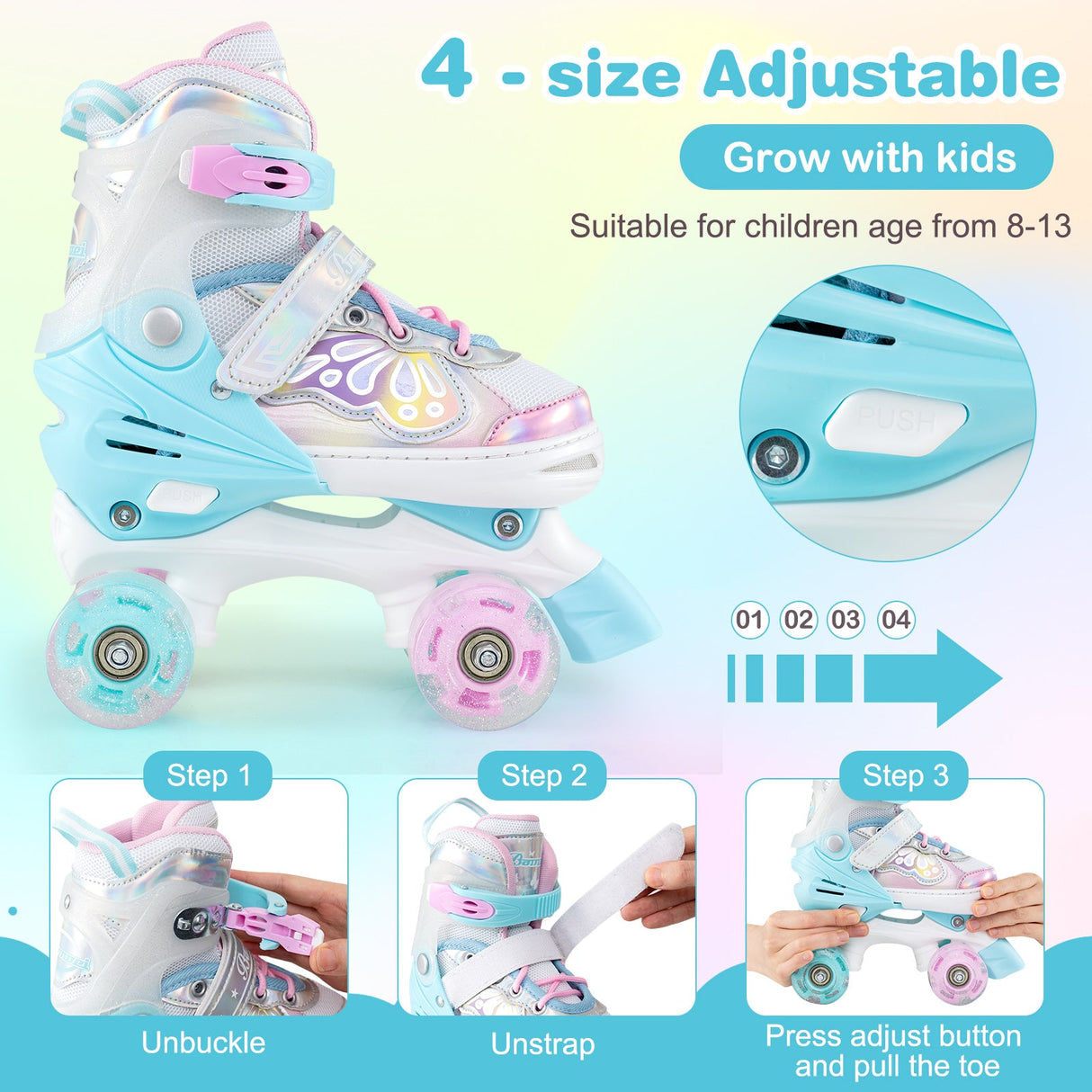 Kids Roller Skates 4 Sizes Adjustable Quad Skates with Light-up Wheels