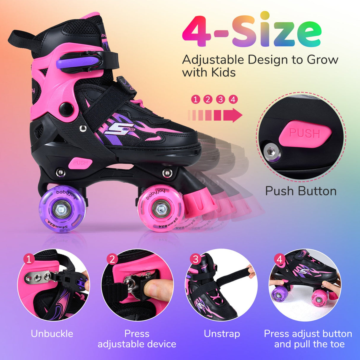 Patines de ruedas para niños y niñas, ajustables a 4 tallas, con ruedas luminosas