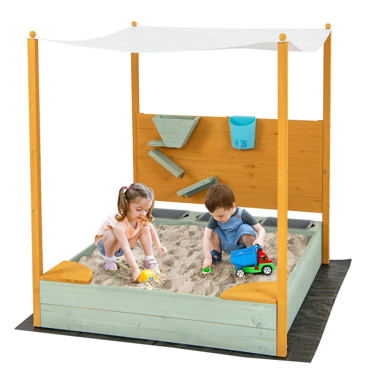 Arenero infantil con pared de arena y dosel desmontable para niños de 3 a 8 años