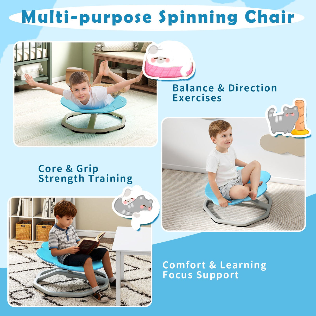 Kids Sensory Swivel Chair Cat Claw 360° Spinning Chair with Non-Slip Metal Base